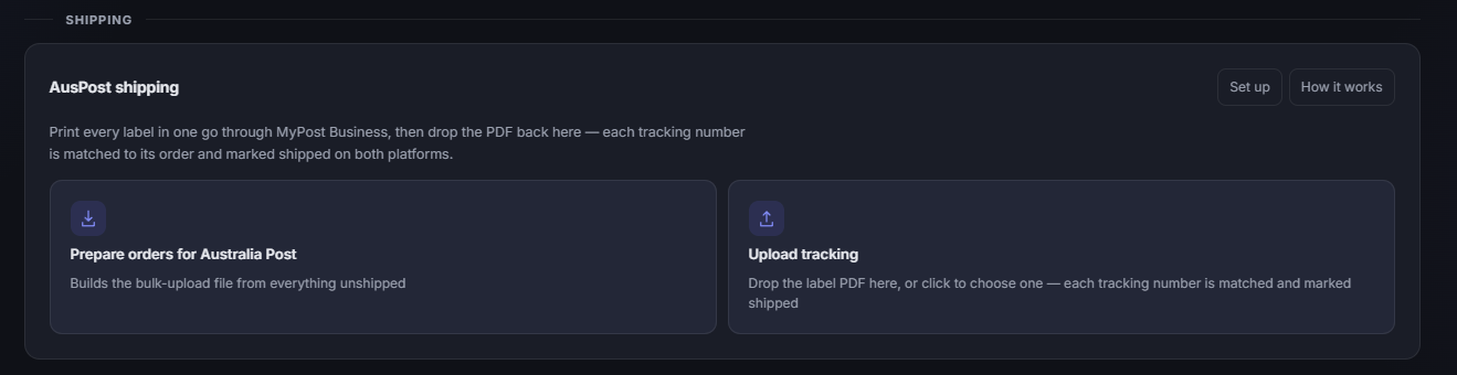 Listalong dashboard shipping panel with Prepare orders for Australia Post and Upload tracking PDF options