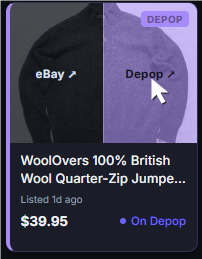 Listalong card showing clickable eBay and Depop links for a live cross-listed item.