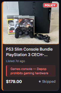 Listalong listing card explaining that a games console is not permitted on Depop.