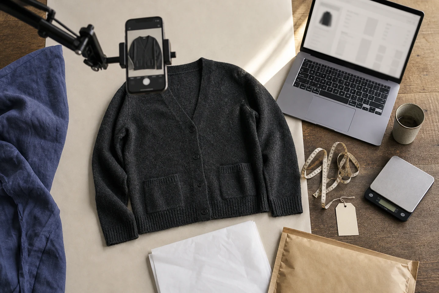 Australian clothing reseller preparing one item for an online listing, with a photo setup, parcel scale and shipping supplies.
