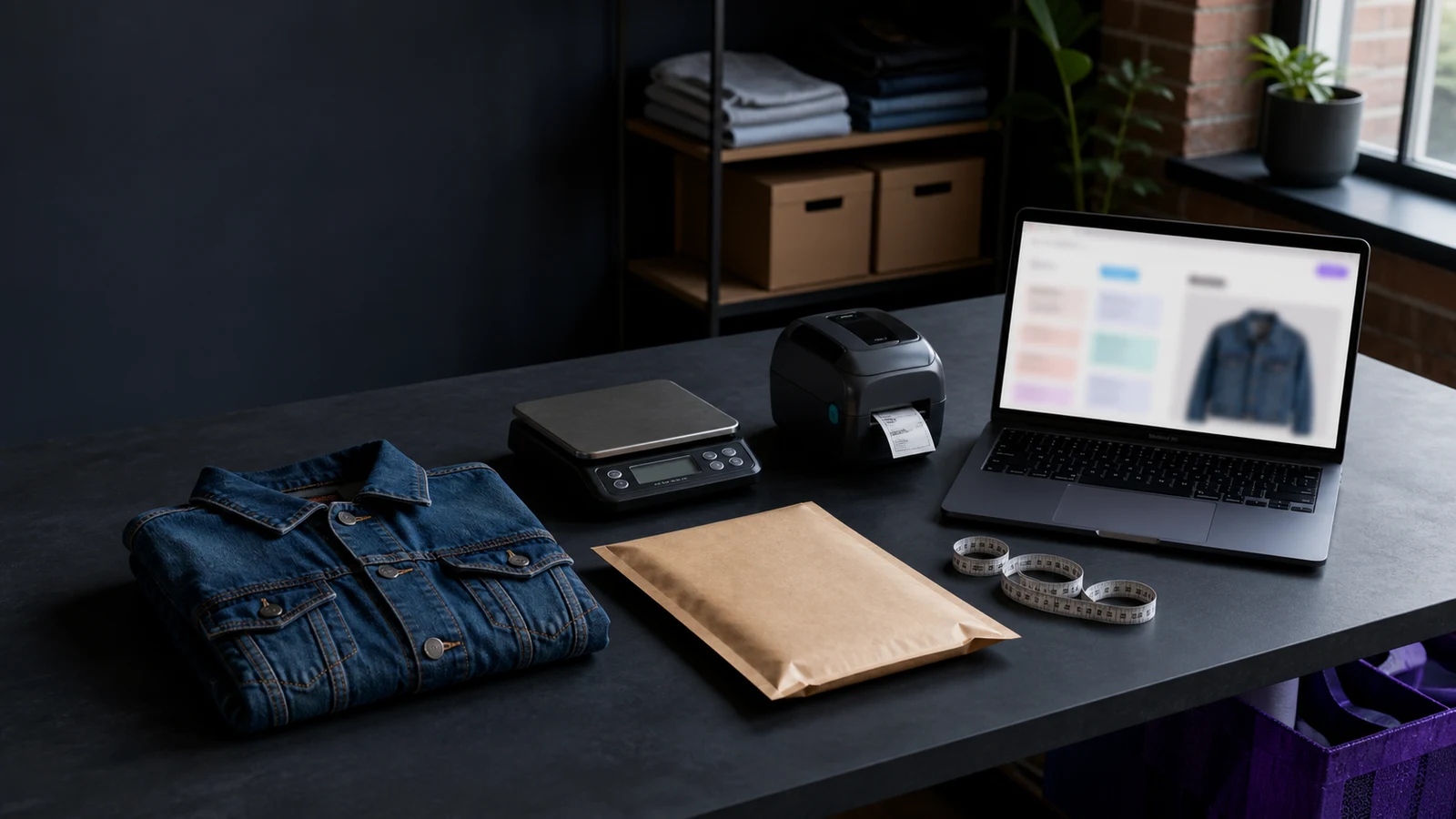 Australian clothing reseller workspace with a denim jacket, parcel scale, label printer and laptop.