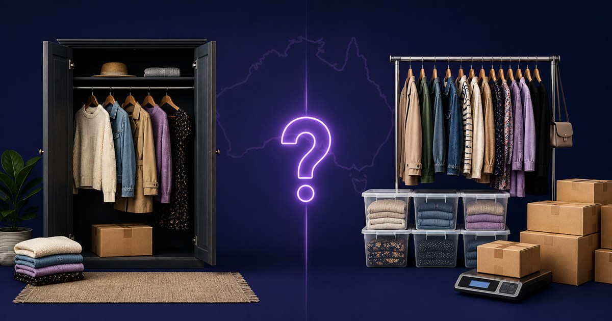 A personal wardrobe clear-out beside organised reseller stock, illustrating Vinted Australia's commercial-selling rules.