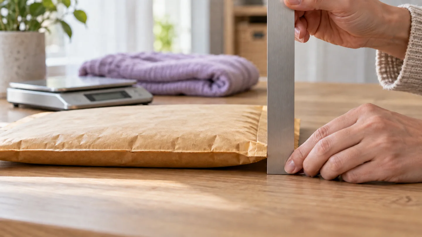Illustration of a padded mailer beside a metal straightedge on a home packing table.