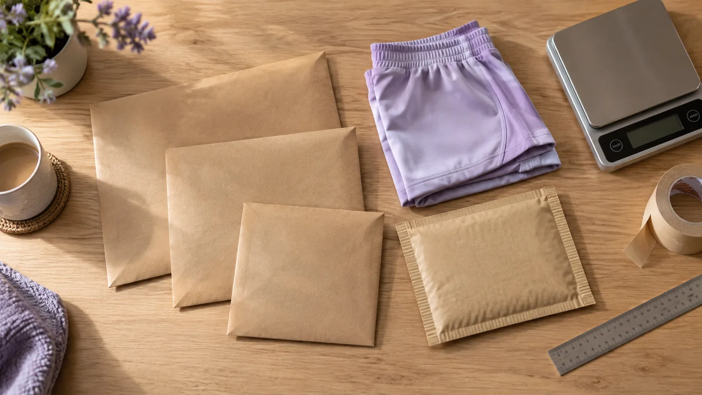 Kraft mailing envelopes, folded lavender shorts and postal scales on a sunlit packing desk.