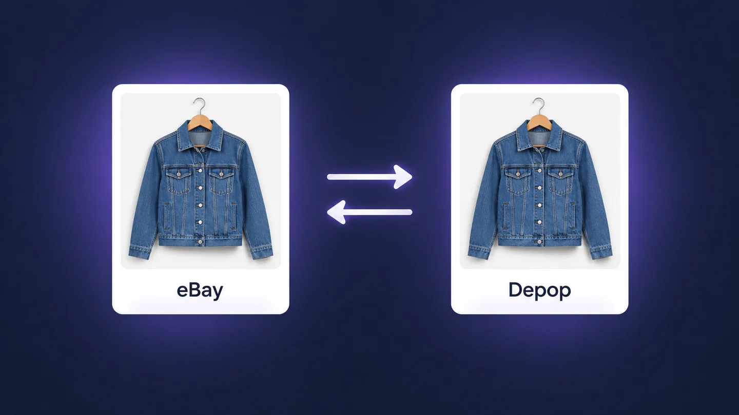 The same jacket listed on eBay and Depop, connected by arrows.