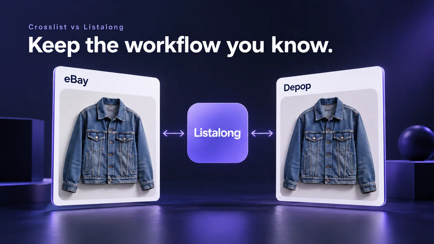 Crosslist vs Listalong illustration with matching denim jacket listings on eBay and Depop connected through Listalong.