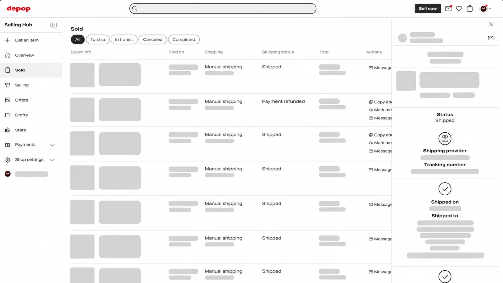 Privacy-redacted example of the Depop Selling Hub Sold screen showing where to open an order and find its delivery and tracking details.