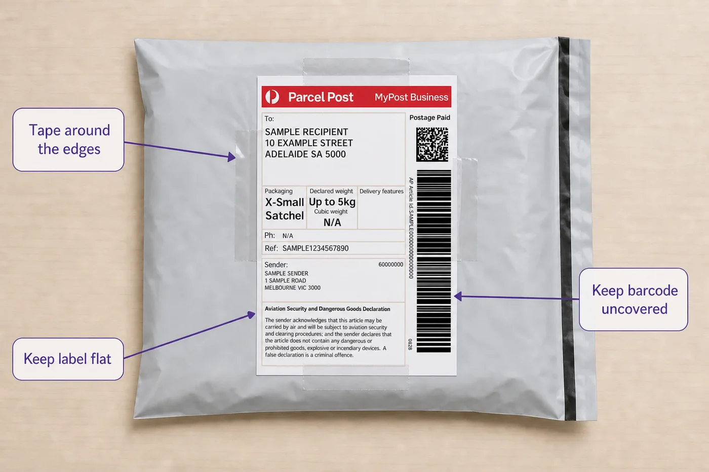 Sample Australia Post Parcel Post label attached correctly to a satchel, with tape around the edges and the barcode left flat and uncovered.