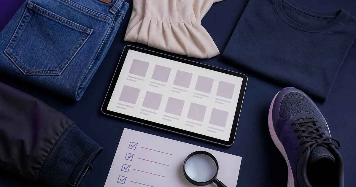 Clothing, a shoe, a tablet and a checklist used to review the quality of an eBay listing.