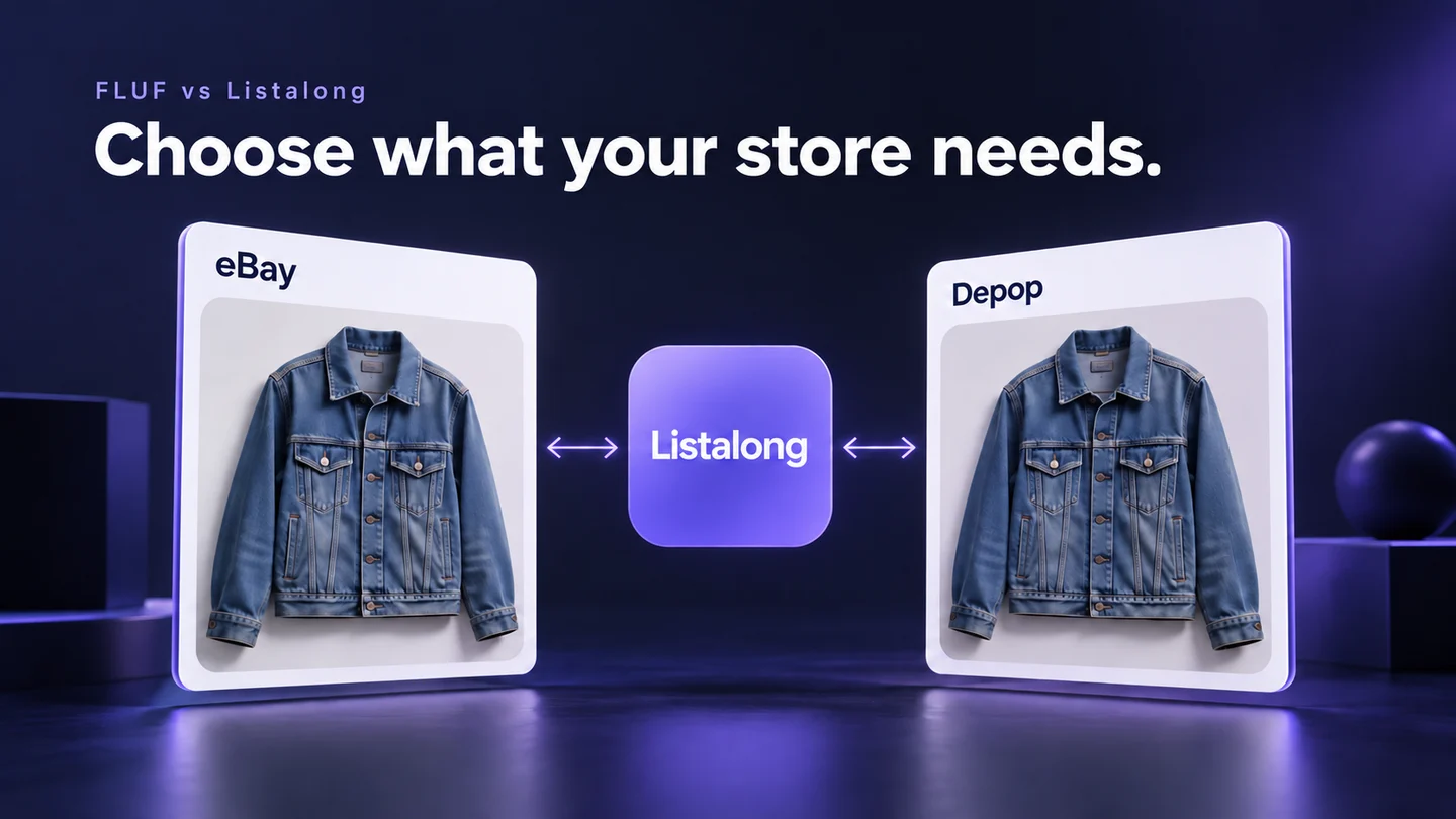 FLUF vs Listalong editorial illustration showing matching denim jacket listings on eBay and Depop connected through Listalong.