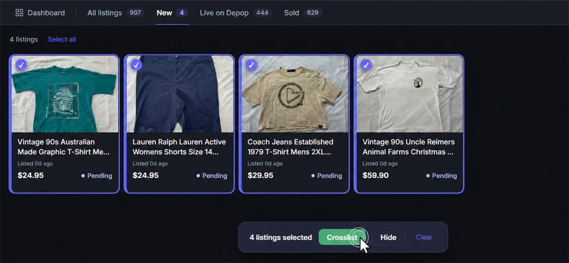 Listalong selection controls beside existing clothing listings.