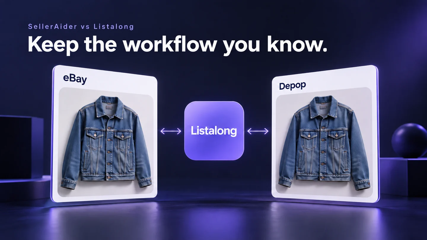 SellerAider vs Listalong illustration showing denim jacket listings on eBay and Depop connected through Listalong.