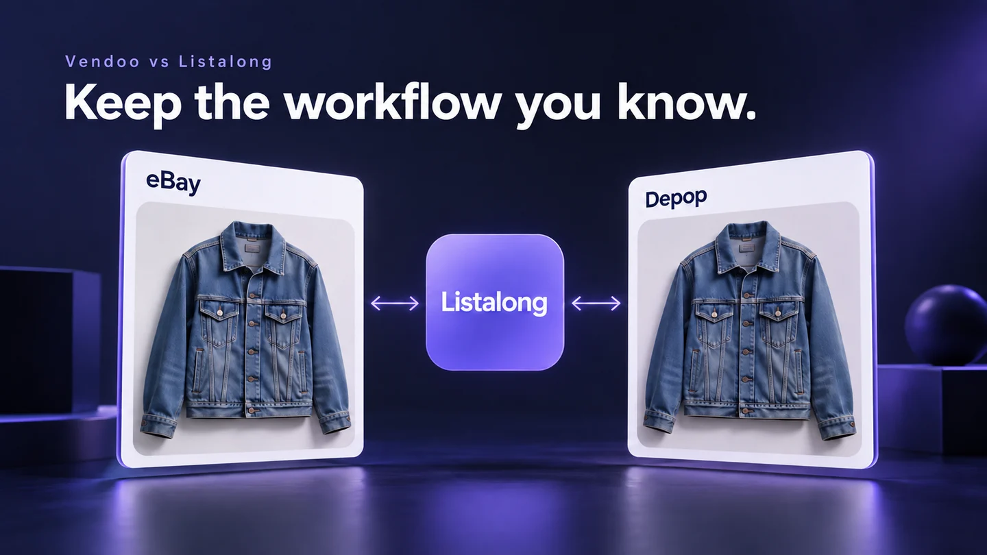 Illustration of matching denim jacket listings on eBay and Depop connected through Listalong, with the heading Vendoo vs Listalong.