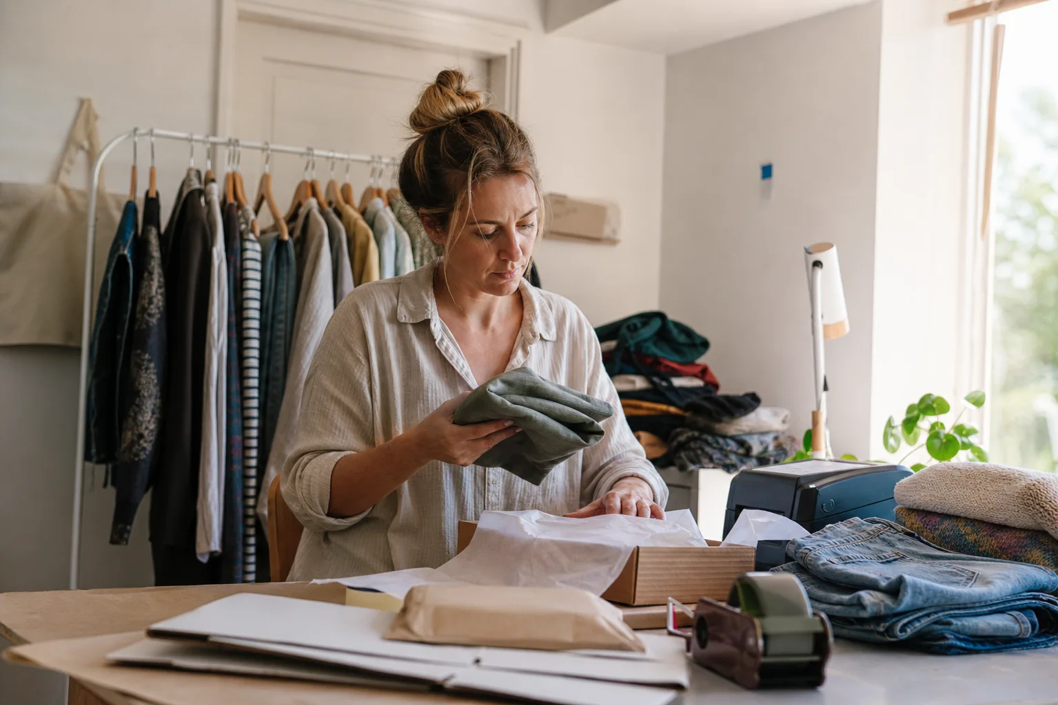 Australian second-hand fashion reseller preparing clothing orders in a home workspace