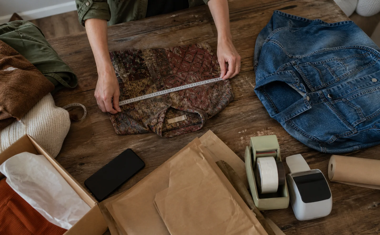 Reseller measuring second-hand clothing on a working table with packing supplies